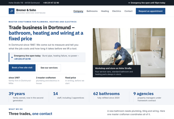 Example web design for a trade business in Dortmund with services, emergency line and fixed prices