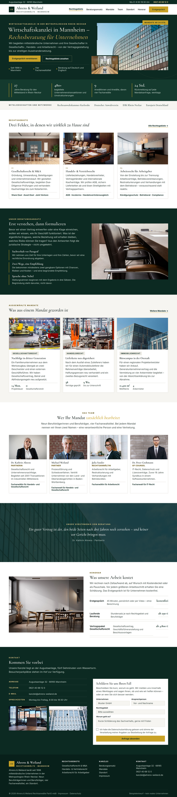 Beispiel-Webdesign für eine Wirtschaftskanzlei in Mannheim mit Rechtsgebieten und Honorarmodellen